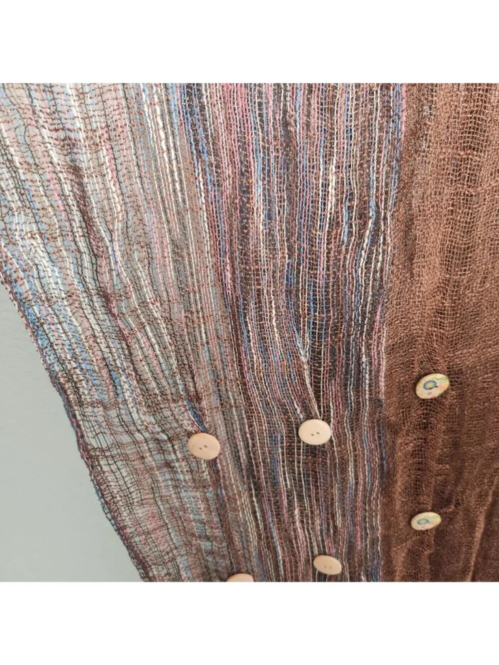 Handwoven Boho Scarf With Brown & Multicolor Panels Fringed Ends & Decorative Bu
